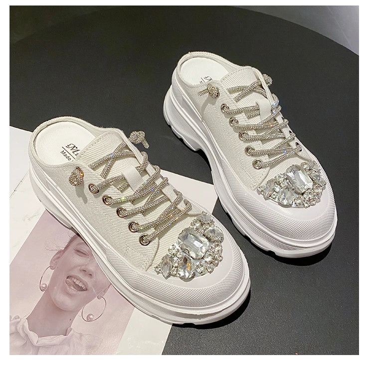 Women Shiny Rhinestones Shoes Four Seasons Casual Sneakers Women Stylish Sport Shoes Lace-Up Sports slippers zapatos mujer