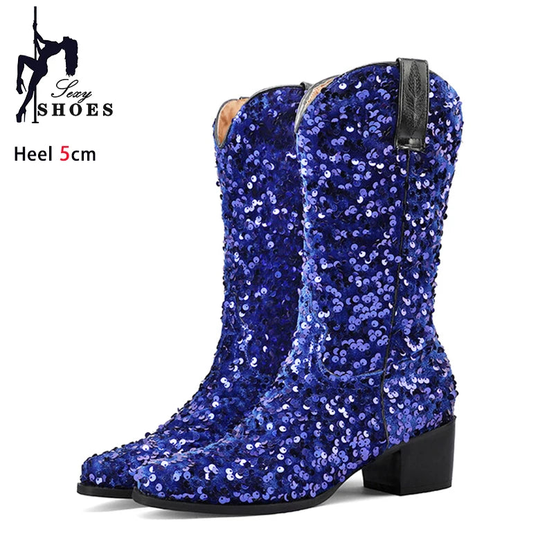 Women Sexy Western Boots Bling Bling Trends Party Chunk Heels Lady Shoes Fashion Pointed Nightclub Female Sequin Mid-Calf Boots