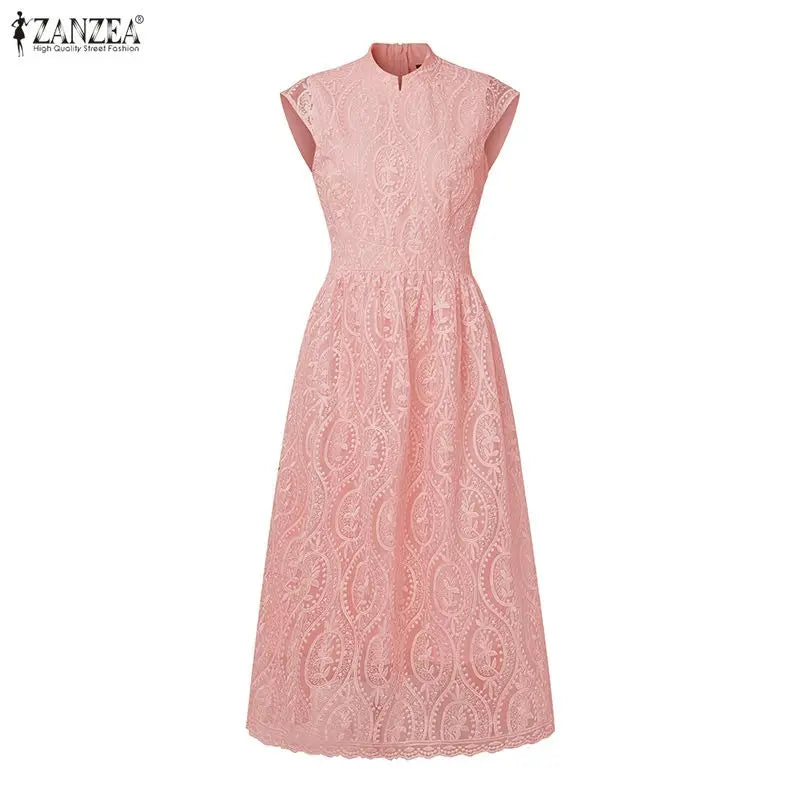 ZANZEA Elegant Women's Wedding Guest Party Midi Dress Embroidered Mesh Patchwork Stand Collar Cap Sleeve Dresses Woman Clothes
