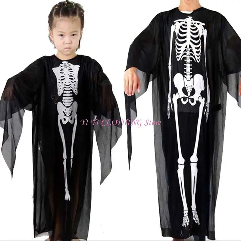 Halloween Skull Skeleton Cosplay Costume Scary Ghost Robe with Front Bone Print for Children Adult Carnival Party Cloak