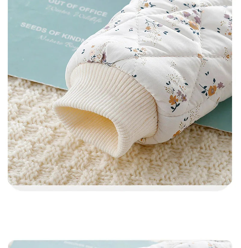 2PCS Set Baby Cute Floral Rompers Infant Diamond Flower Fleece Padded Jumpsuit with Hat 0-2T Toddler Thicken Outwear Clothes