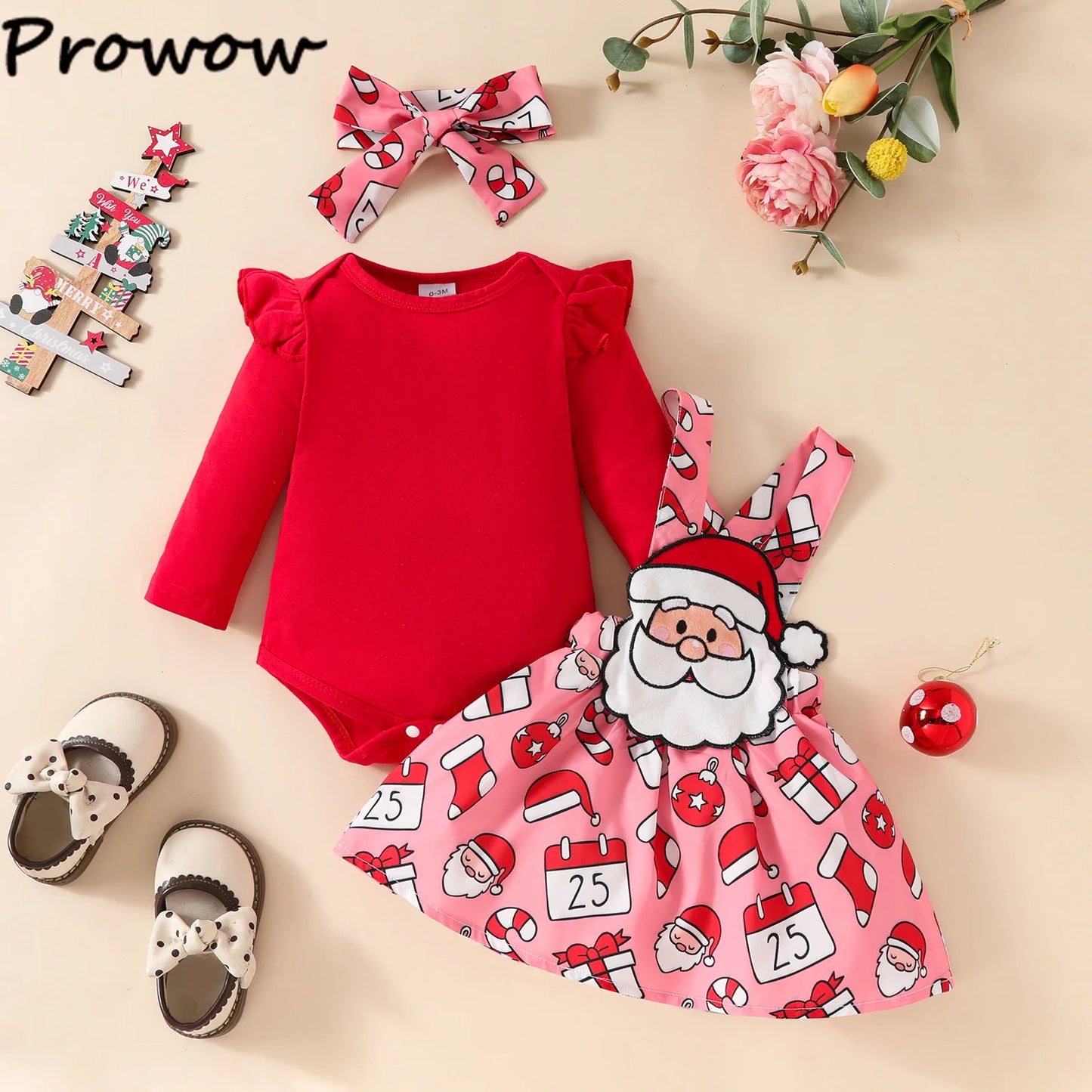 Prowow Baby Girls Christmas Outfits Set Red Bodysuit+Plaid Deer Suspender Dress Set 3pcs My First New Year Costume For Baby 2026