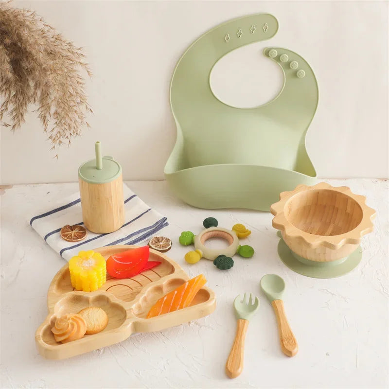 7pcs Silicone Baby Feeding Set Baby Feeding Supplies Kids Bamboo Dinnerware With Cup Children's Dishes Bowl Stuff Tableware Gift