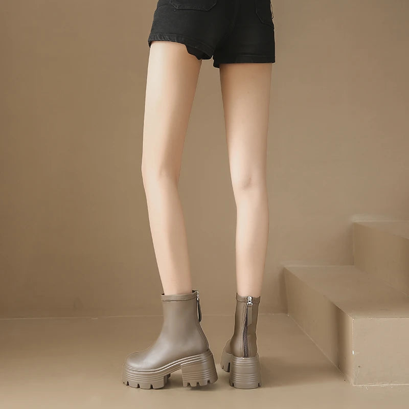 8CM Autumn Chunky Boots High Platform Leather Sneakers Women Round Toe Chelsea Boots British Style Thick Sole Female Ankle Shoes