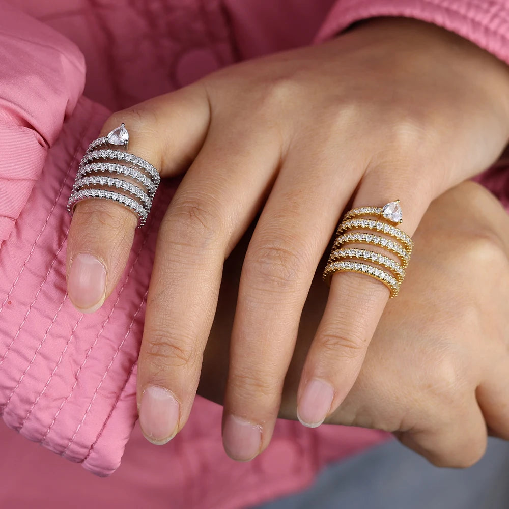 Micro Paved 5A CZ Multi Wrap Spring Spiral Open Adjusted Women Pinky Finger Ring Fashion Jewelry
