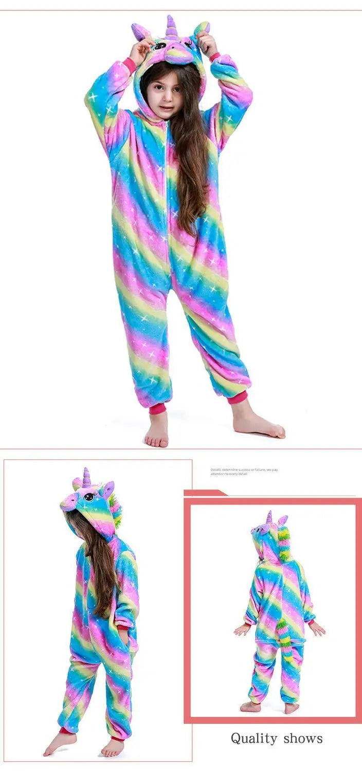 4 6 8 10 12 Years Girls Black Cat Jumpsuits Unicorn Pajamas Kigurumi Toddler Kids Hooded Flannel Home Wear Children Onesie