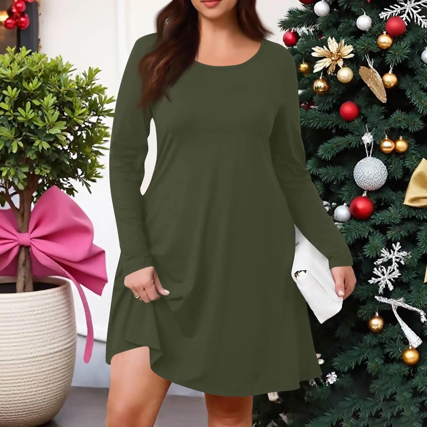 Plus Size Dress for Women Solid-Colour Casual Dress Spring/Autumn Pocket Round Neck Long-Sleeved Dresses vestidos femenino