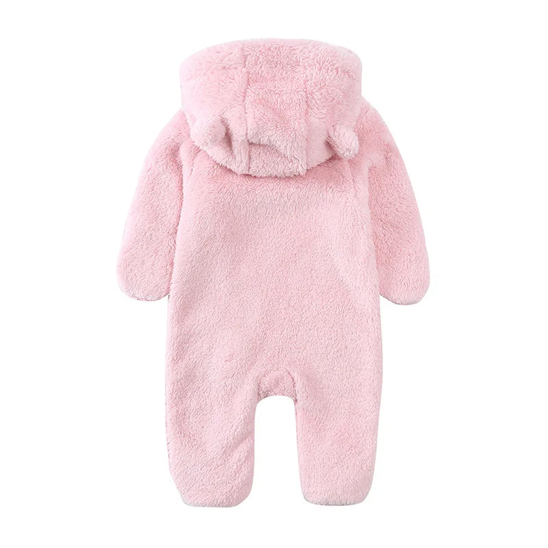 2025 Warm Footed Baby Romper Zipper Closure Fall Newborn Bear Ear Hooded Fuzzy Onesie Outfit Infant Boys Girls 100 Days Jumpsuit