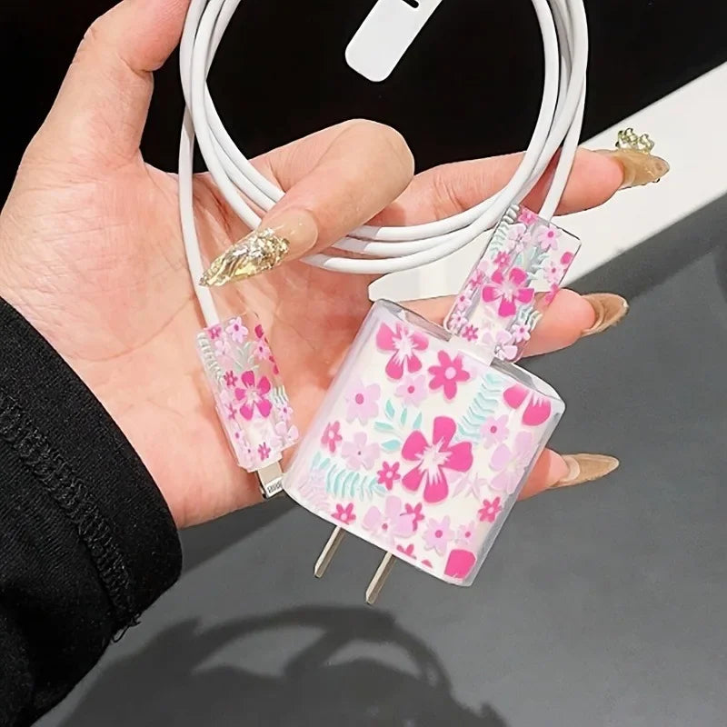 Fashion Flowers Print Charging Data Cable Protector Case For iPhone 18W 20W Charger Protective Cover Winder Accessories Sleeve