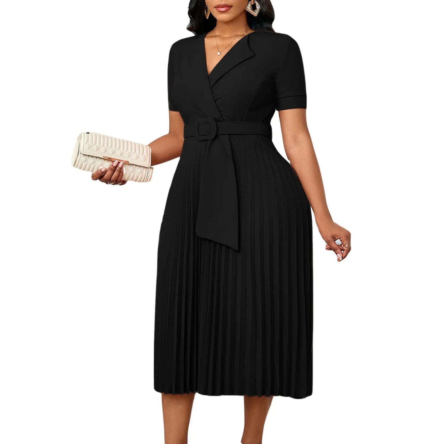 Sexy Short Sleeve V-Neck Elegant African Pleated Dress High Waist Midi Dress Fashionable Atmosphere Casual Elegant Style