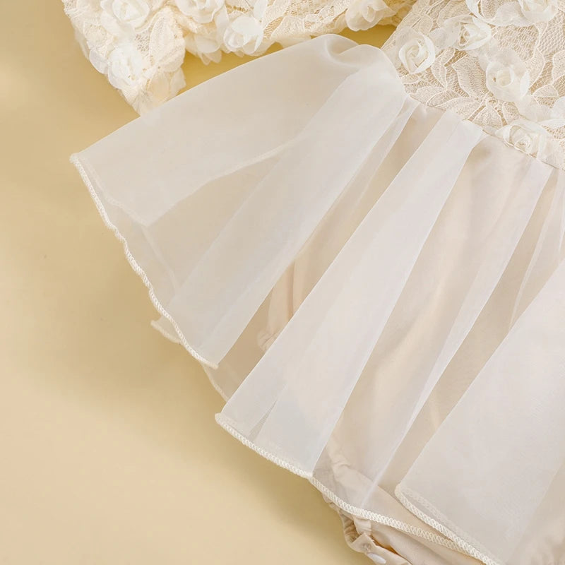 Baby Girls Autumn Romper Dress Long Sleeve Lace Floral Tulle Patchwork Romper with Headband