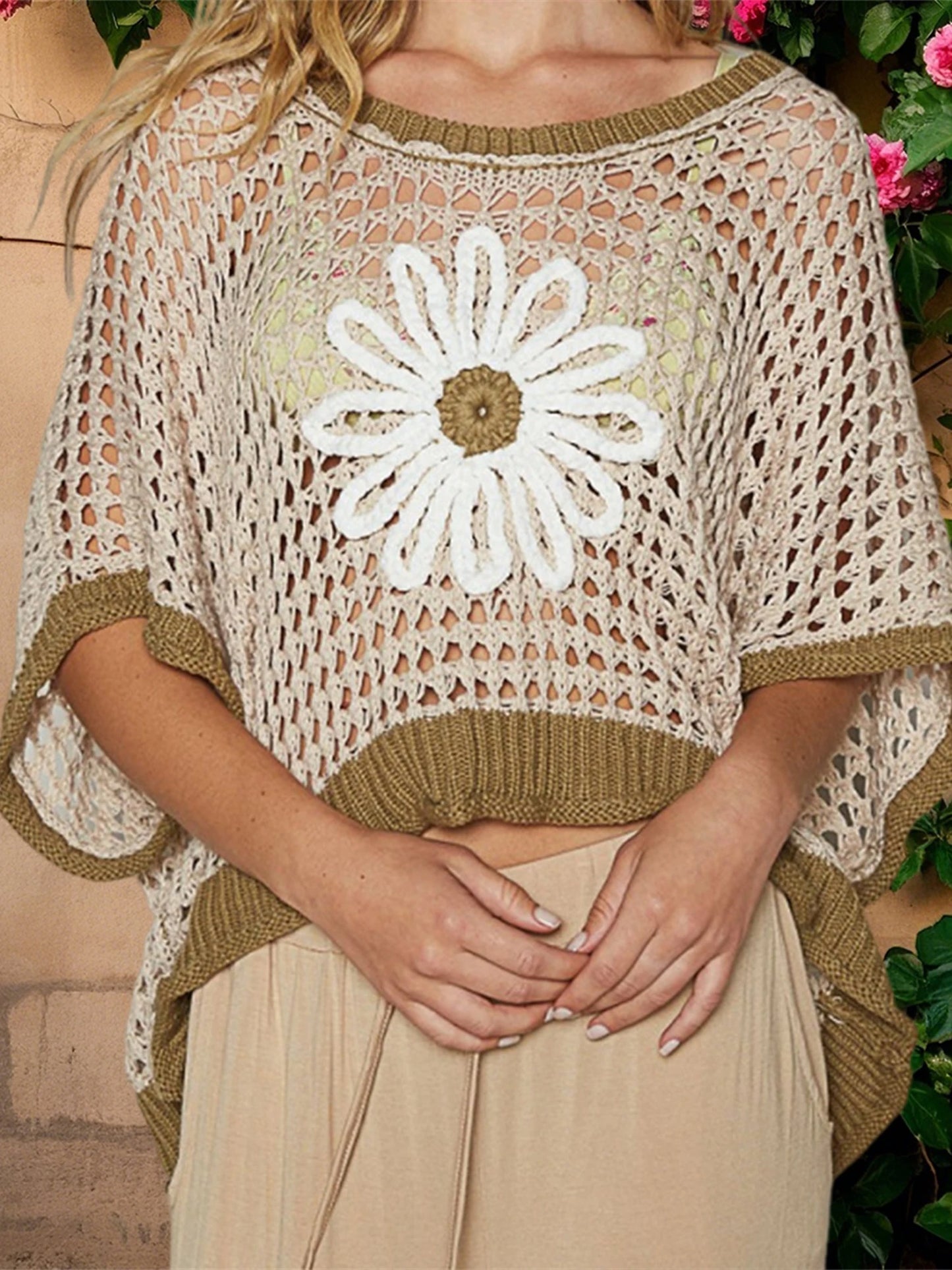 Women's Crochet Hollow Out Tops Half Sleeve O Neck Daisy Embroidery Loose Shirts Cover-ups Summer Knitwear