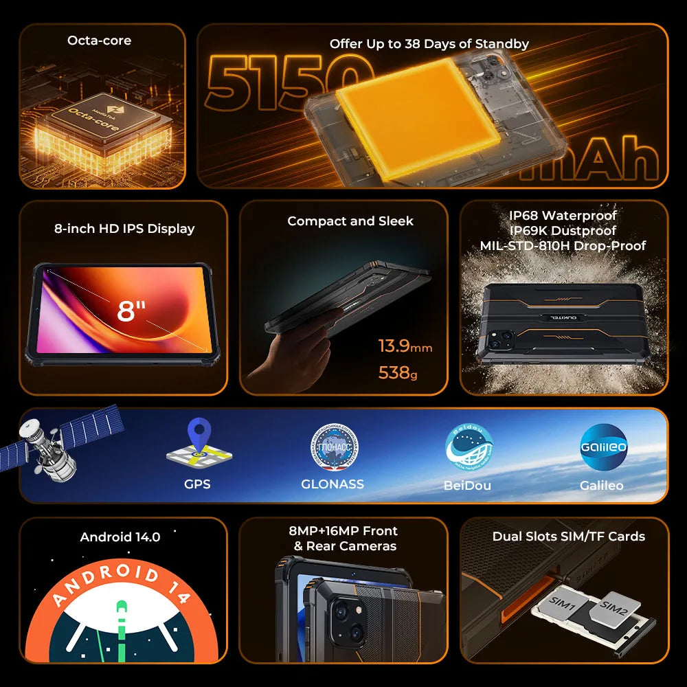NEW OUKITEL RT3 PRO 4G Rugged Tablet 8 Inch HD Display 16(4+12)GB +128GB Waterproof Tablet Pad 5150mAh Android 14.0 Tablet PC