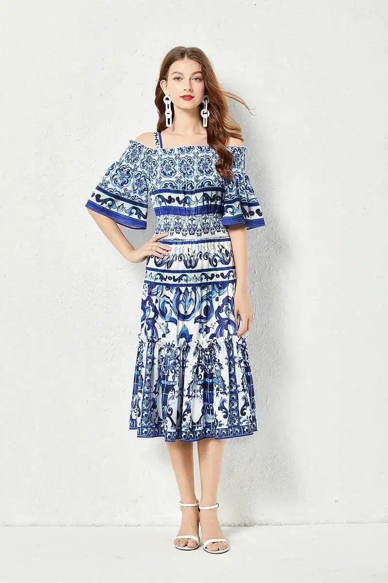 JAMERARY Summer Runway Blue White Porcelain Print Midi Dress Women's Straps Flare Sleeve Elastic Waist Cotton Floral Vestidos