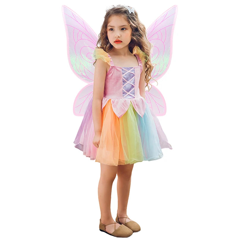 Cheap Top Quality Summer Fancy Baby Girl Fairy Rainbow Tutu Dress Halloween Cosplay Elf Princess Carnival Infant Party Ball Gown