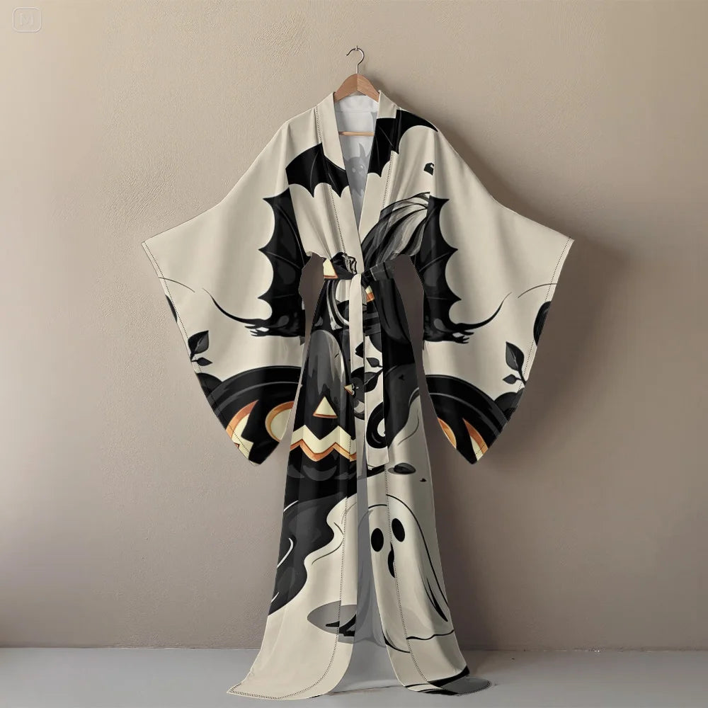 Halloween Cosplay Women's Sexy V-Neck Robe with Abstract Ghost Print - Long Sleeve Party Costume Unique Vampire Witch Long Robe