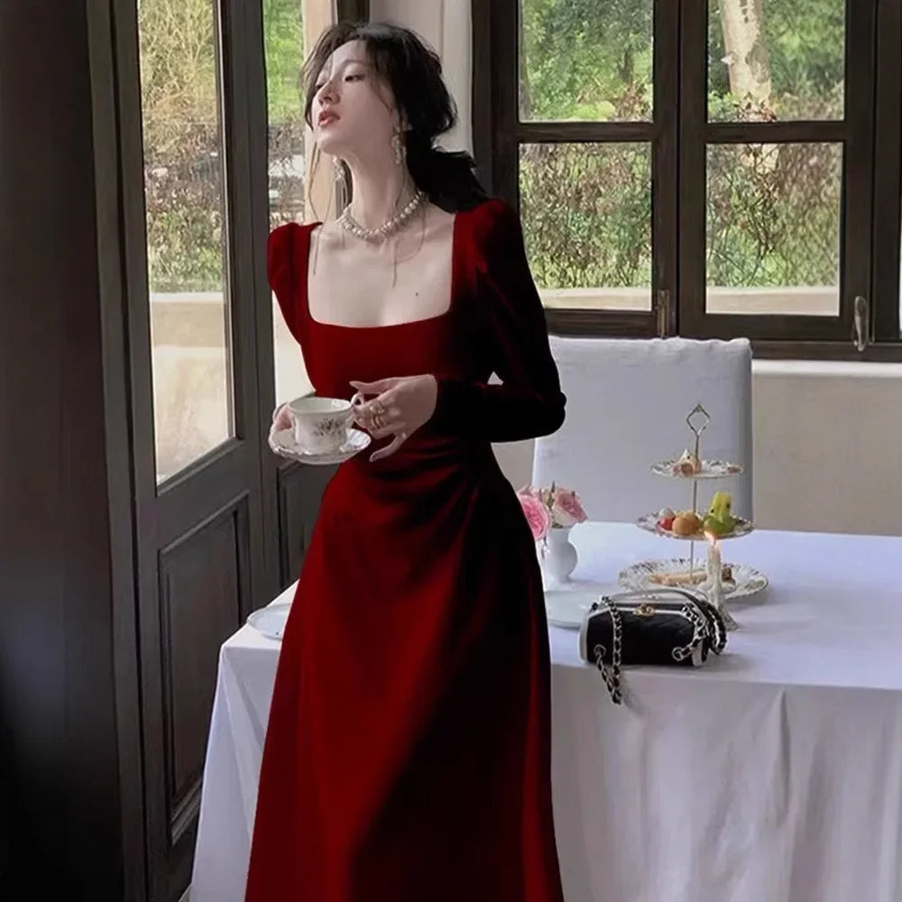 Red Long Sleeve Dress Wedding Dress Spring Autumn French Style Engagement Party Drinking Ceremony Bridal Gown Everyday Wear
