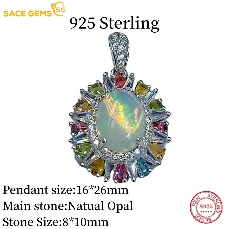 SACE GEMS S925 Sterling Silver Certified 8*10MM Natual Opal Pendant Necklaces for Womne Engagement Cocktail Party Fine Jewelry