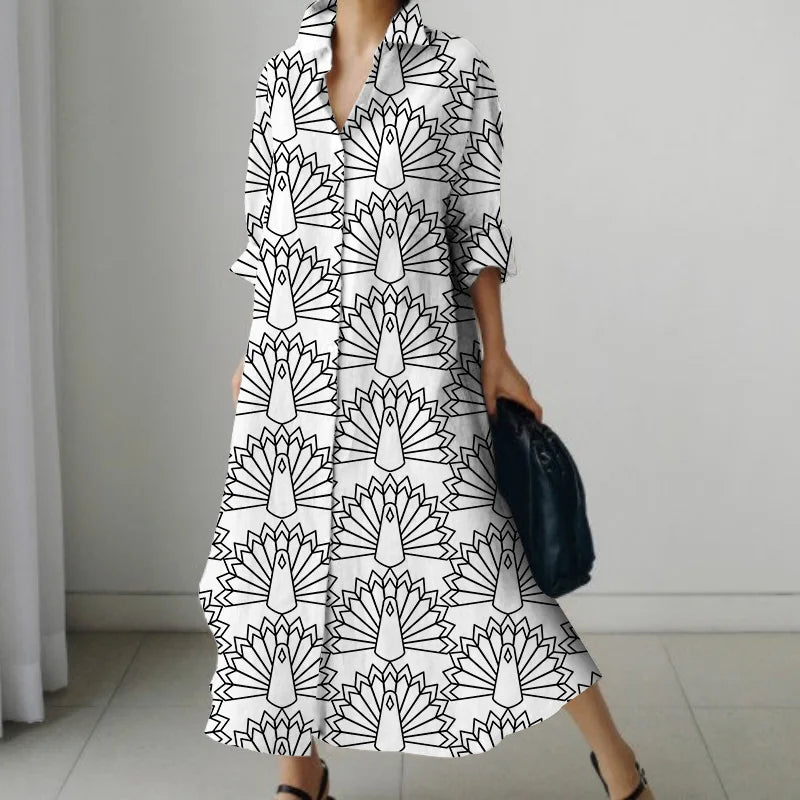 Women's Shirt Dress 2023 Trendy Patchwork Vintage Spot Print Shirt Fall Out Office Dress Loose Casual Lapel Pocket S-5Xl
