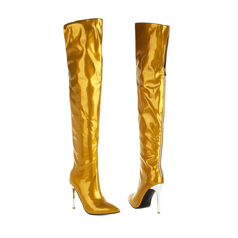 Long Boots for Women Dark Blue Pointed Toe Metal Stiletto Heel Patent Leather Over-the-Knee Female Shoes Large Size Short Plush