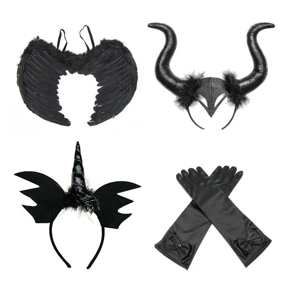 Dark Witch Halloween Costumes for Girls Black Devil Angel Fancy Trailing Dress with Feather Wings Bat Horns Kids High Low Outfit