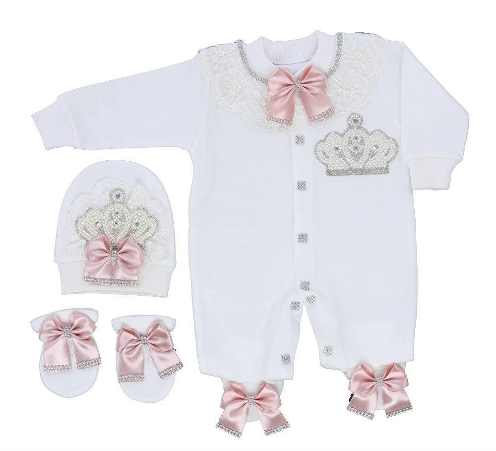Dollbling Butterfly Jewelry Crown Gift Clothing Sets Welcome Home Lace Baby Rompers Mittens Bonnet Pajamas Outfit 4pcs Layette