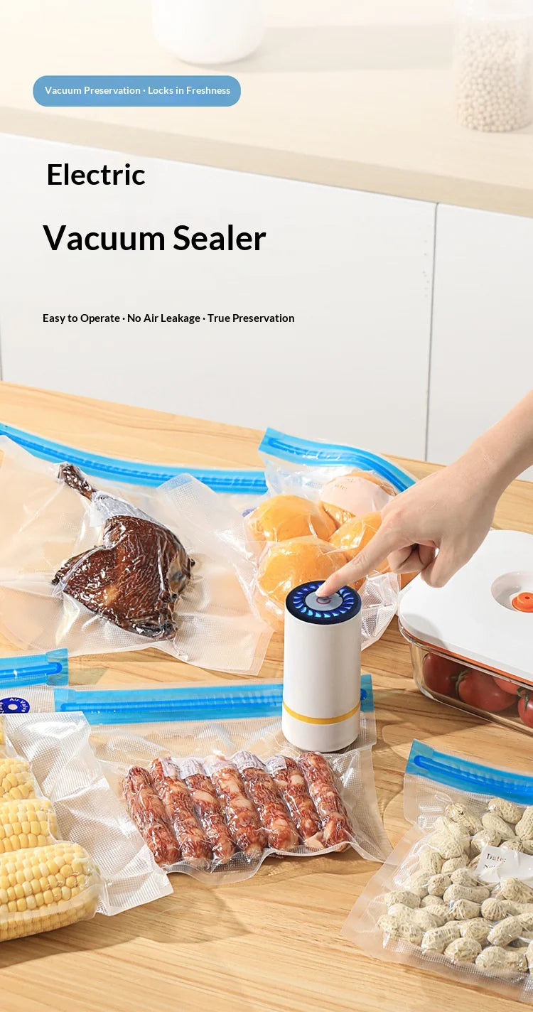 USB Charging Mini Handheld Vacuum Pump, Automatic Electric Food Vacuum Sealer for Fruit Meat Snack Storage with Vacuum Bags