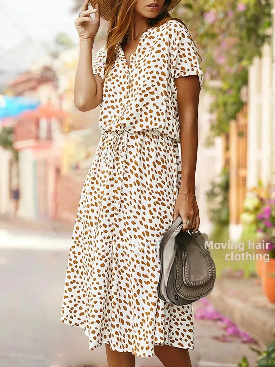 New Fashion Women's Polka Dot Print Short Sleeve Midi Dress Cotton Summer New Arrival Knee-Length Stand Collar Regular Waist