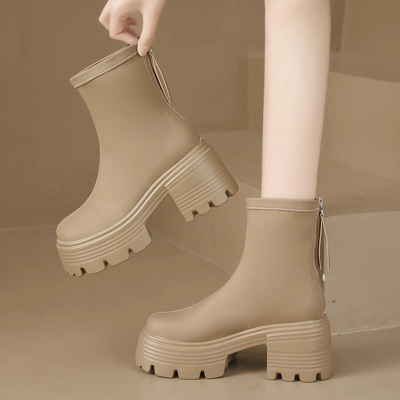 8CM Autumn Chunky Boots High Platform Leather Sneakers Women Round Toe Chelsea Boots British Style Thick Sole Female Ankle Shoes