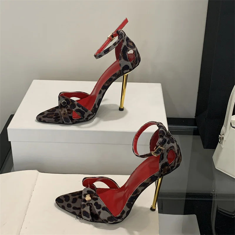 Liyke Leopard Print Ankle Strap Stilettos Sandals Women Party Dress Shoes Metal Narrow Band Pointed Toe Stripper Heels Size 41