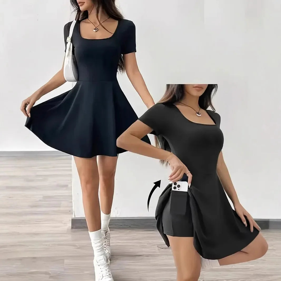 Summer 2025 Brown Knitted Short Casual Dress Mini Skirt Length Polyester Fiber Square Collar Empire Waistline Regular Sleeve