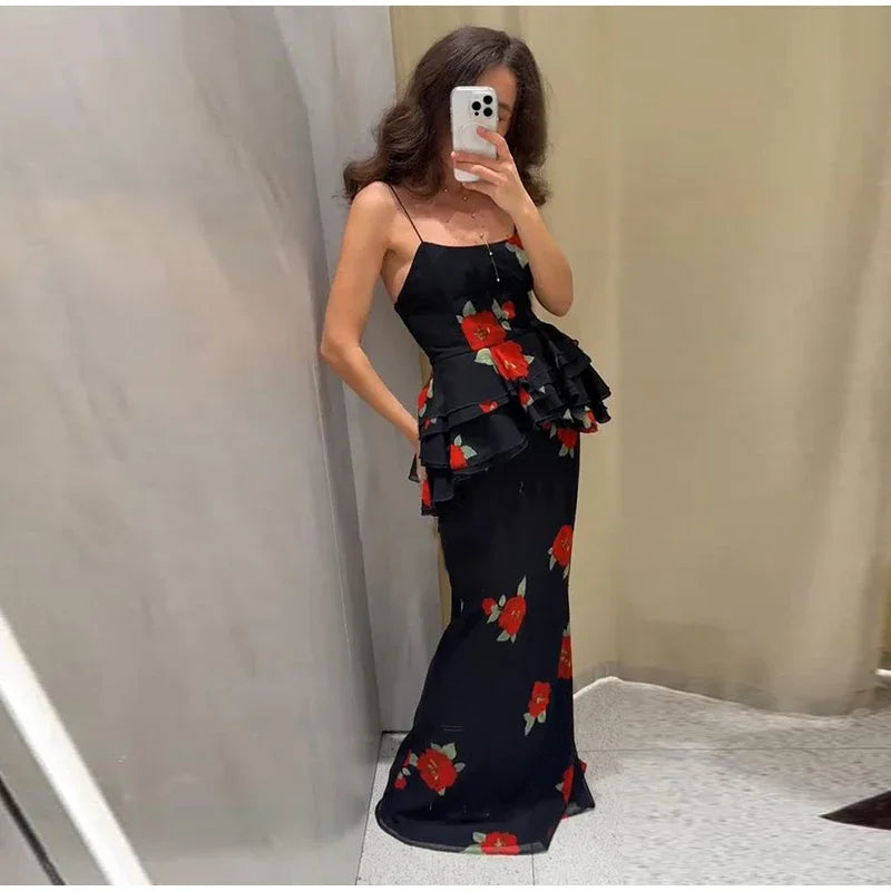 Sexy Flower Print Top Long Skirt Set Women Slim Ruffle Strap U-neck Top Loose High Waist Skirts  Fashion Summer Party Suit