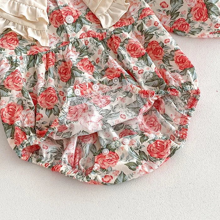 2025 New Spring Baby Sisters Dress 1-5Yrs Girl Party Dress Long Sleeved Cotton Rose Print Romper Sisters Kids Princess Dresses