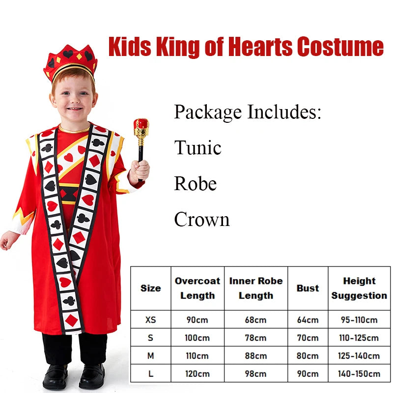 Kids King of Hearts Costume, Red Poker King Cosplay Outfit for Boys Halloween Carnival Party with Crown