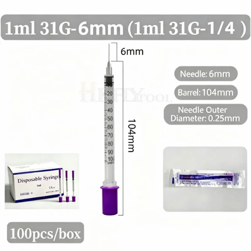 100Pcs 0.3ml/0.5ml/1ml Sterile Individually Syringe 29Gx13mm 31G 8mm 6mm needles for Pet Veterinary Lab Industrial Dispensing