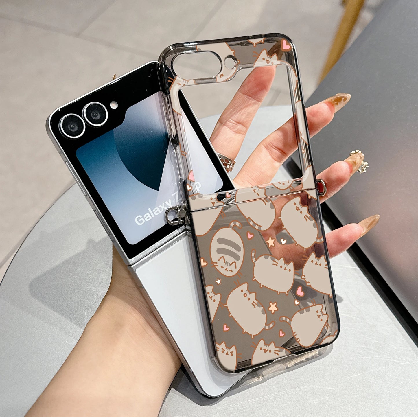 Cute Cartoon Funny Donuts P-Pusheens Cat Phone Case for Motorola Moto Razr 40 50 60 Ultra 5G Semi-transparent Foldable TPU Cover