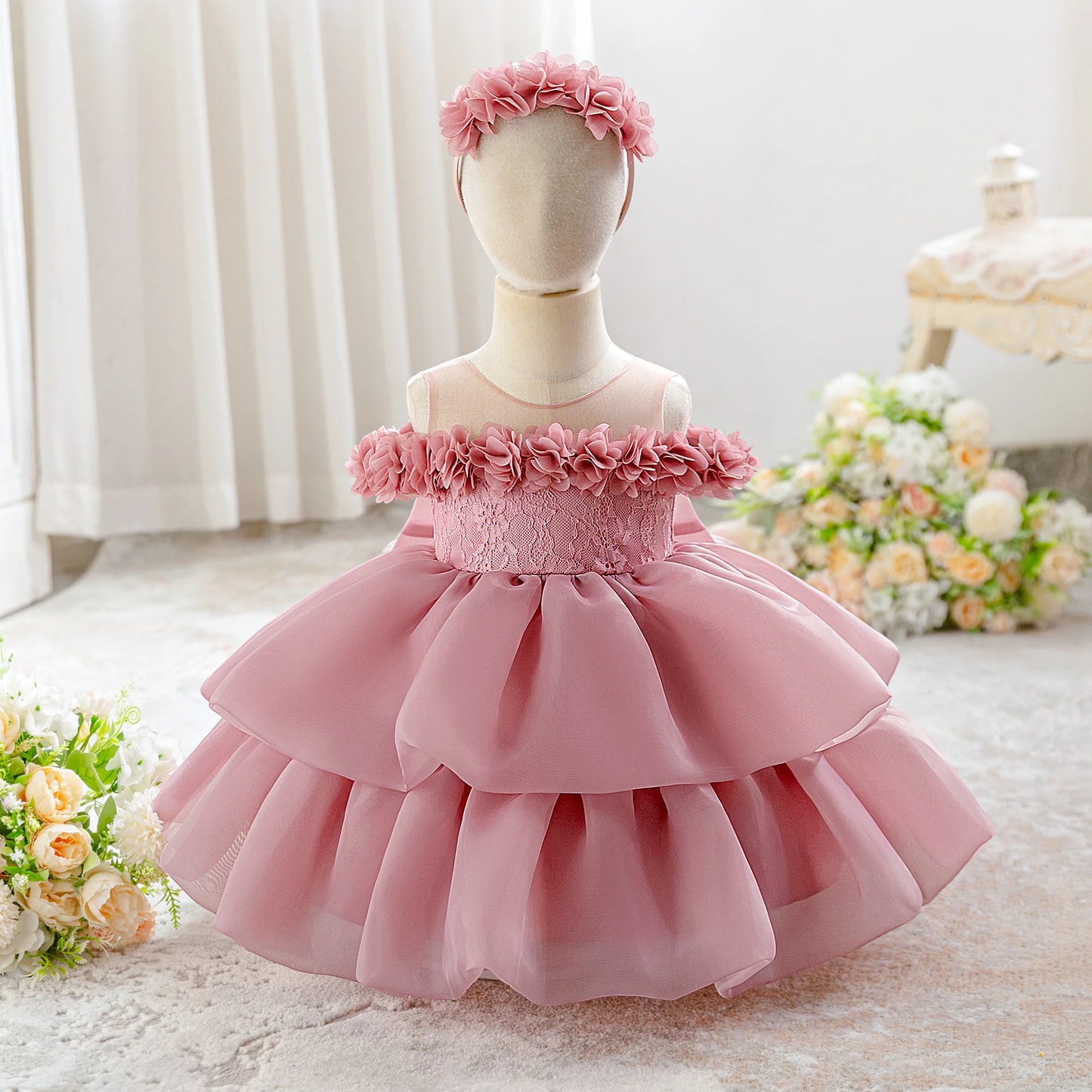 Elegant Flower Bridesmaids Party Baby Girls Dress Toddler 1st Birthday Wedding Princess Dress for Girl Bow Christening Prom Gown