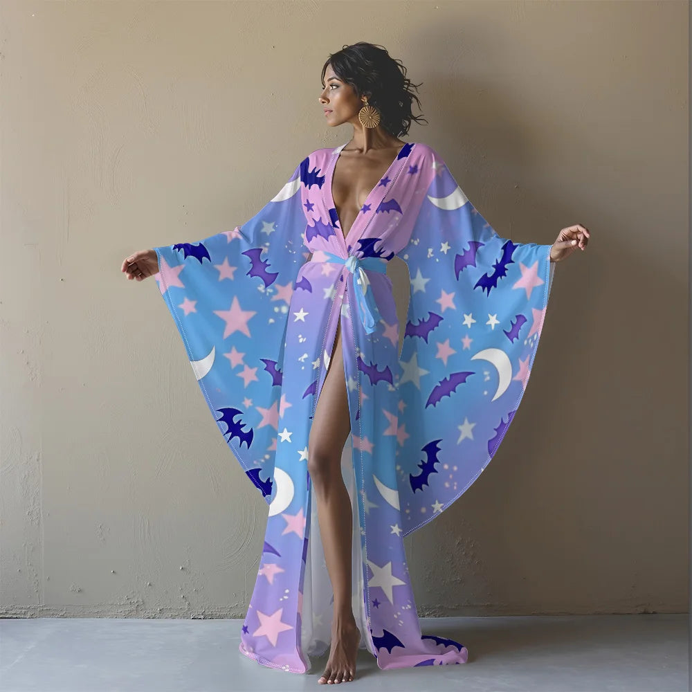 Halloween Sexy V-Neck Robe with Ghost Print High Slit & Bat Sleeves Kimono - Women's Party Costume Funny Cool Cosplay Wear