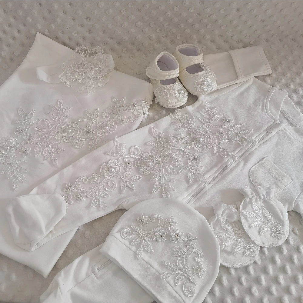 5pcs Newborn Baby Embroidery Lace Romper Outfit Clothing Cotton Infant Wrapped Baby Products Pants Mittens Receiving Blanket