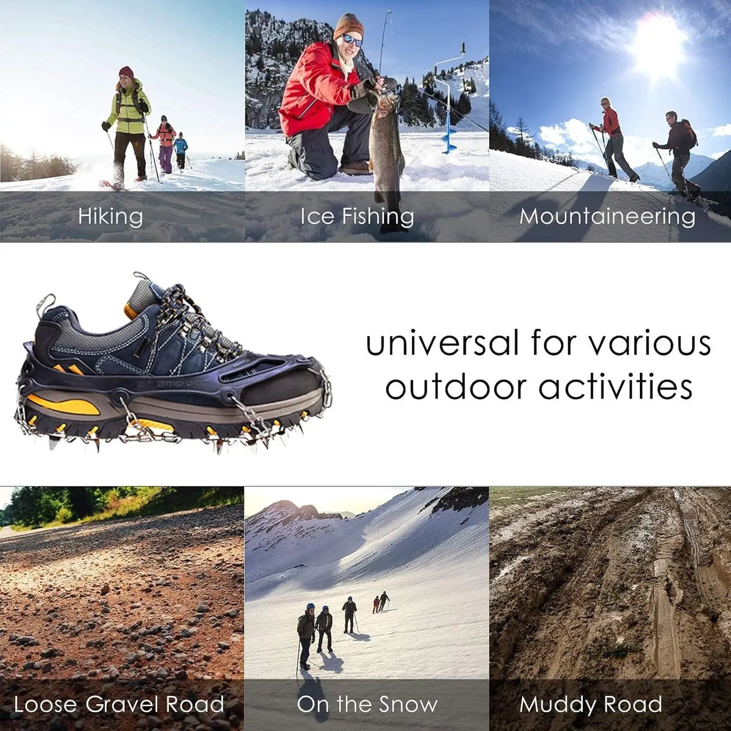 2PCS Ice Cleats for Snow & Ice Non-Slip Overshoe Crampons with Stretch Fit Rubber Traction for Walking