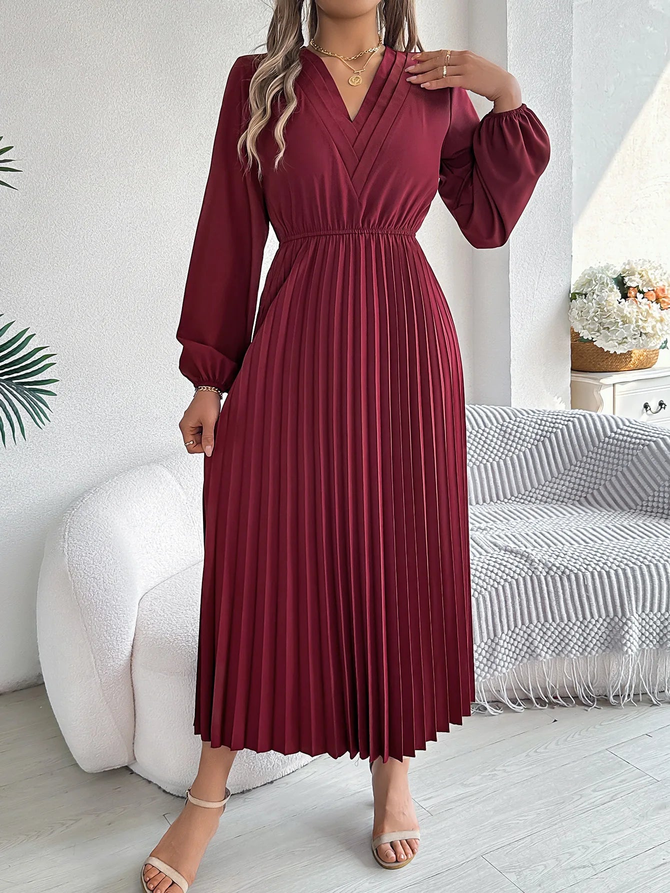 Women's Elegant Solid Color V-Neck Waist-Cinching Long Sleeve Midi Dress with Pleated Ruffles | Spring Autumn Fashion
