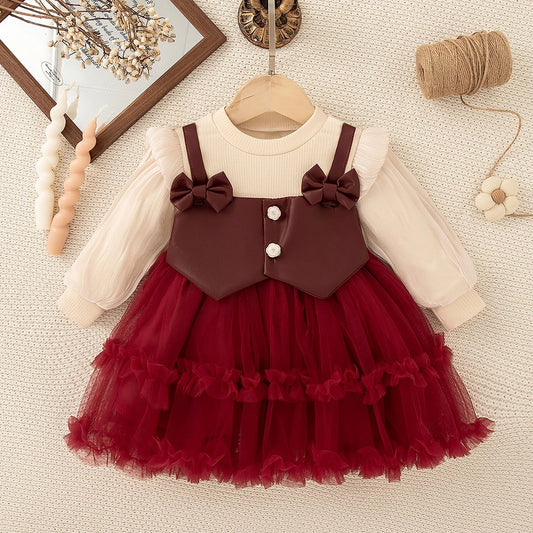 Baby Girl Dress Fall/Winter Bow-Trim Tulle Long-Sleeve Girl Dress Adorable Christmas Baby Dress Baby Girl Clothing