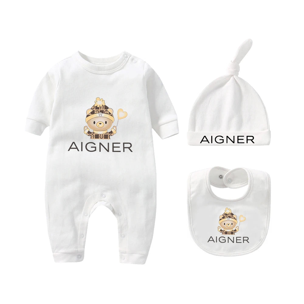 Popular bear jumpsuit, newborn autumn clothing hot selling, soft bib scarf hat, toddler jumpsuit set, baby long sleeved jumpsuit