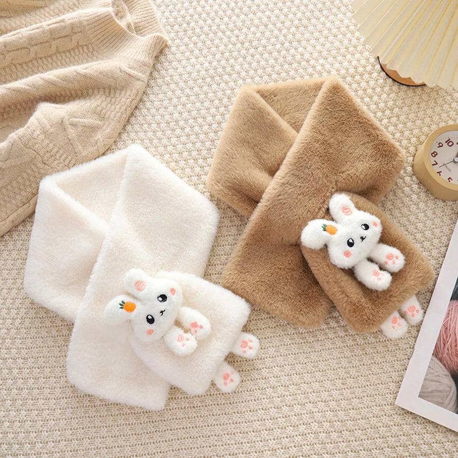 Girls Winter Warm Scarfs Thick Plush Cross Children's Scarf Baby Bib Cute Cartoon Rabbit Faux Fur Cross Neckerchief Protection S