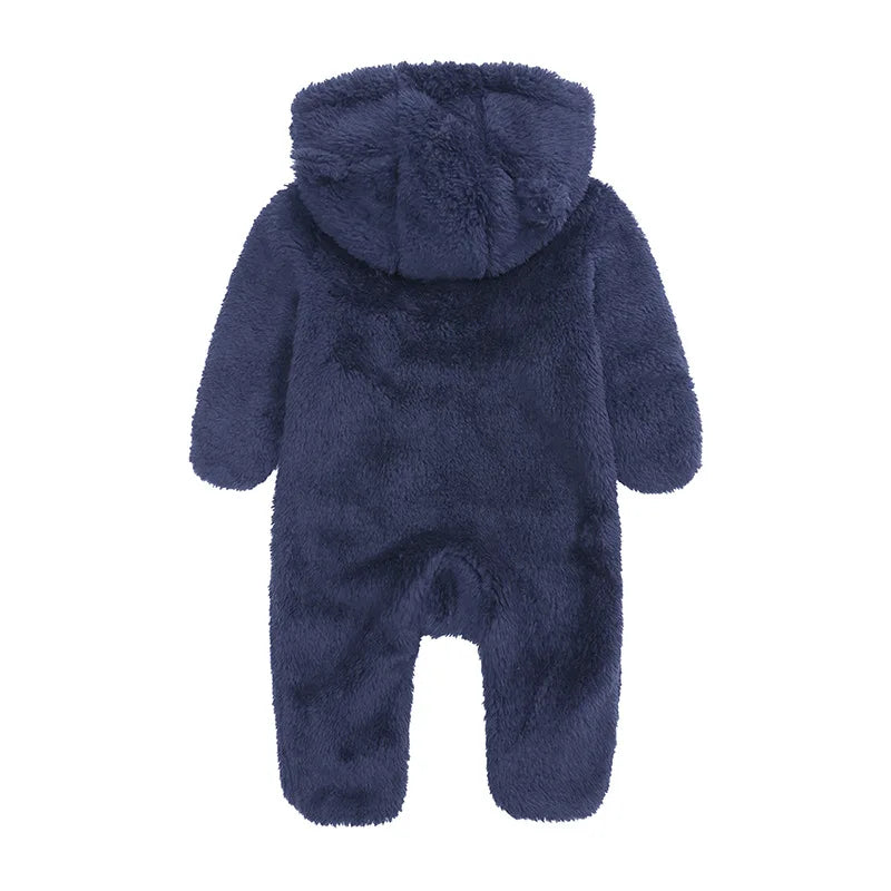 2025 Warm Footed Baby Romper Zipper Closure Fall Newborn Bear Ear Hooded Fuzzy Onesie Outfit Infant Boys Girls 100 Days Jumpsuit