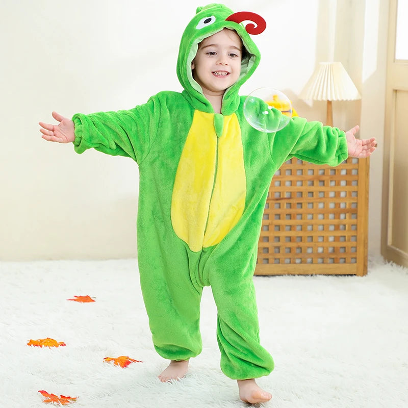 Halloween Costume Chameleon Baby Bodysuit Winter Hooded Plush Thicken Zipper Onesie Playful Cartoon Animal Rompers Holiday Dress