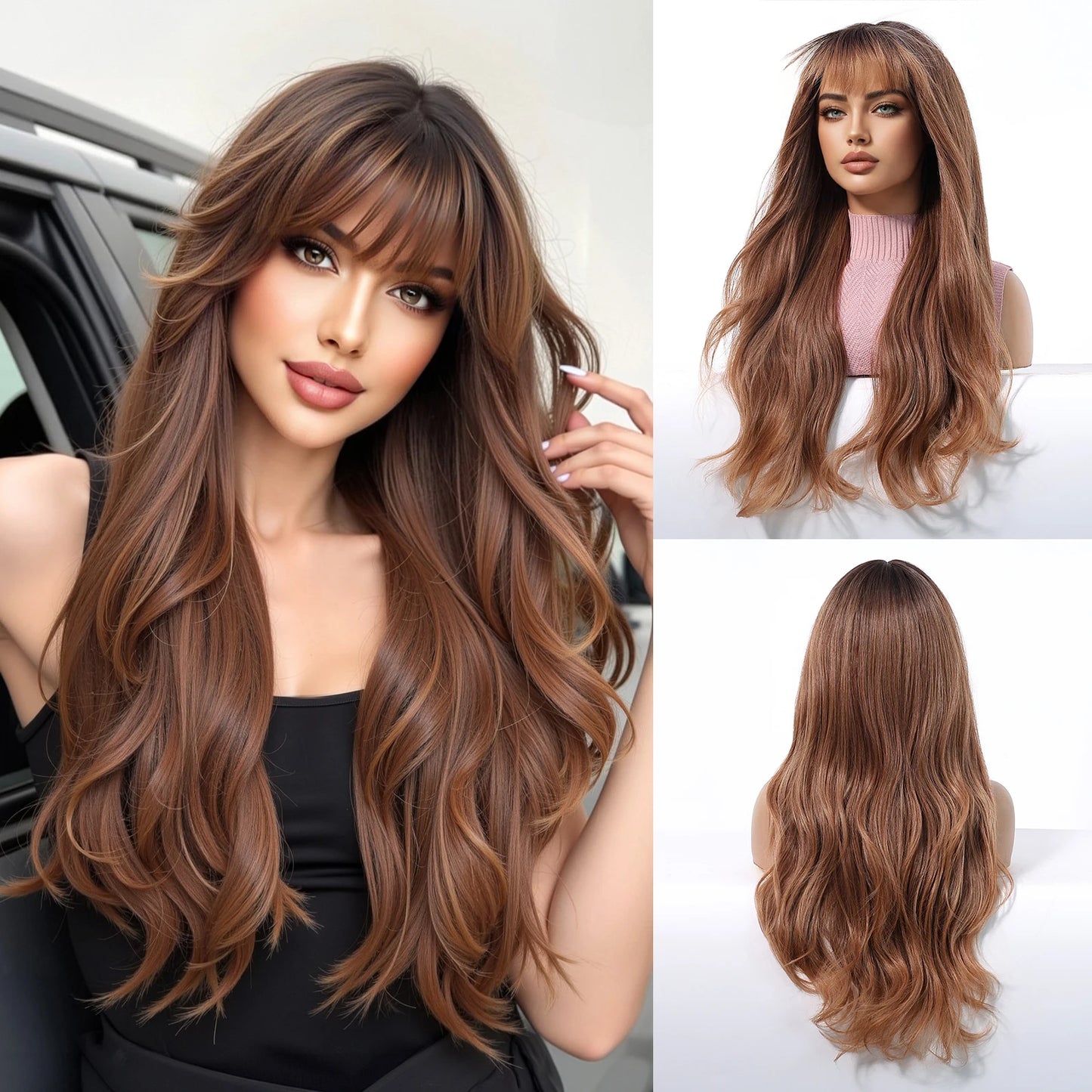 EASIHAIR Long Wavy Synthetic Wigs Natural Ombre Brown Wig with Bangs for Women Daily Cosplay Party Use Heat Resistant Fiber