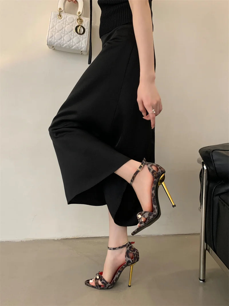 Liyke Leopard Print Ankle Strap Stilettos Sandals Women Party Dress Shoes Metal Narrow Band Pointed Toe Stripper Heels Size 41
