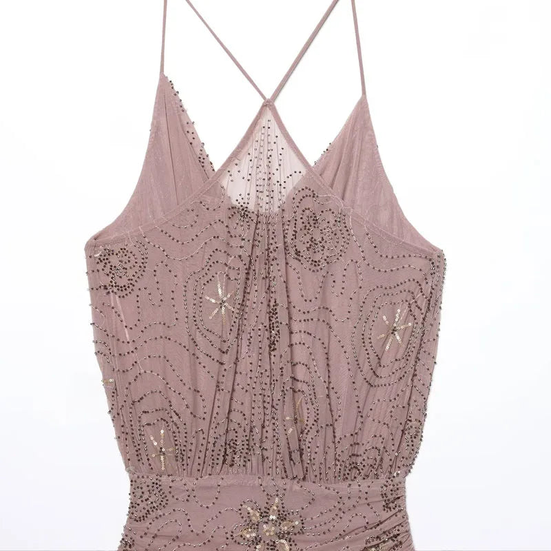 Sequin Rhinestone Woman Summer Dress Short Prom Backless Mini Dresses  V-Neck Halter Tops Mini Dress Pink Pleated Ladies Clothes