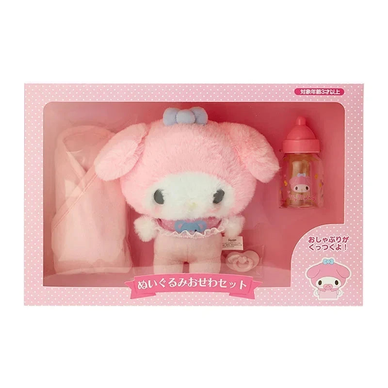 2025 Sanrios Baby Pacifier Bottle Plush Set  Kuromi Hellokitty Cinnamoroll My Melody Baby Dress Up Suit Gifts Christmas Gifts